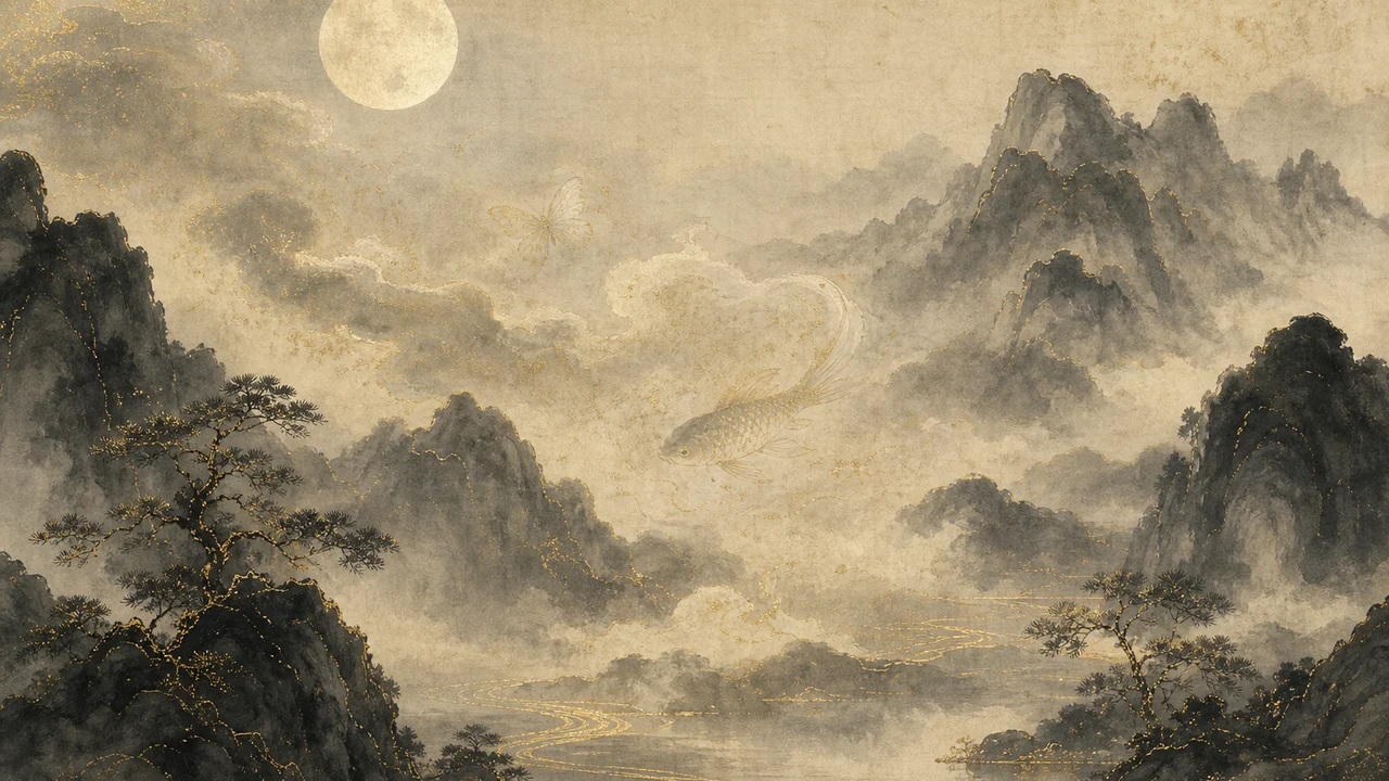 夜色山巒與淡月，雲氣中隱約浮現蝴蝶與游魚的形影