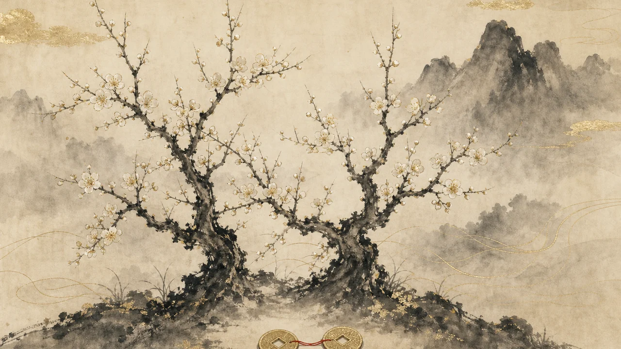 兩株並生的梅樹枝條交錯，樹下兩枚金錢以紅線相連