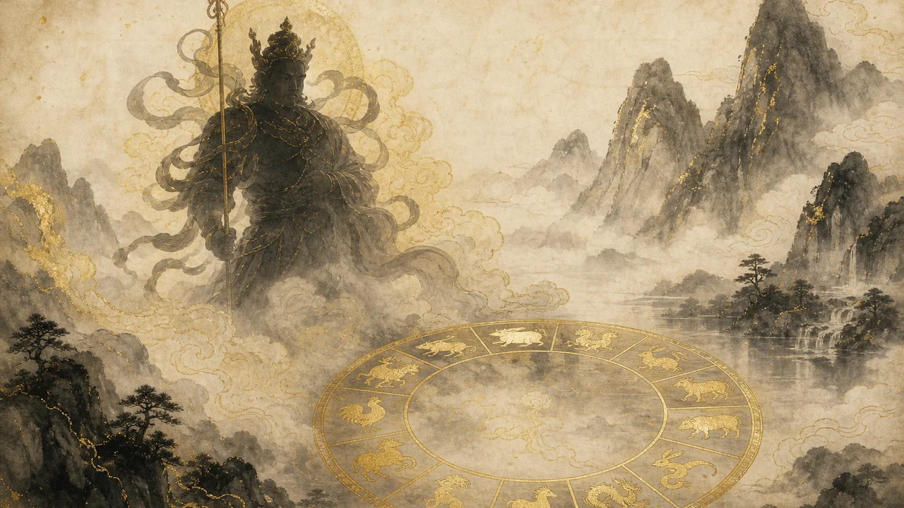 雲氣中的太歲星君剪影，前景是金色十二地支環