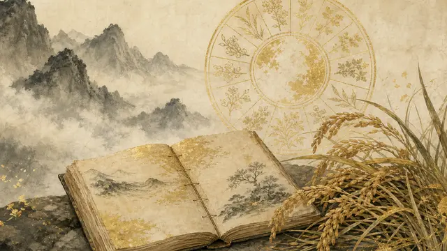 攤開的線裝農民曆，旁有飽滿稻穗與金色節氣輪