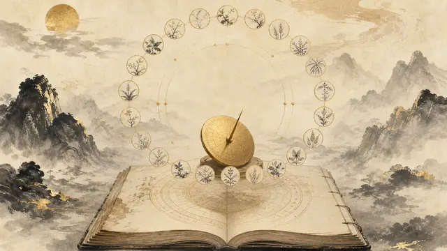 攤開的線裝曆書，書頁上方浮著金色日晷與二十四節氣刻度