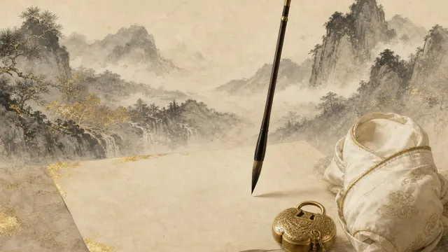 毛筆懸於宣紙上，旁有長命鎖與嬰兒襁褓，水墨山嵐為背景