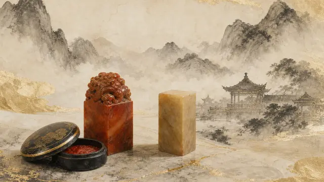 朱紅印章與印泥，旁置一塊未刻的方形石料，遠處墨色樓閣