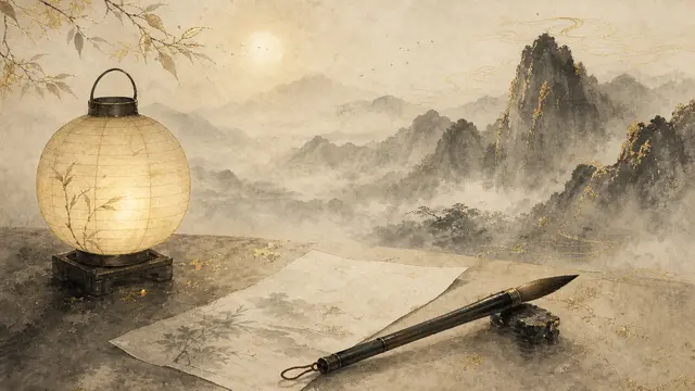 晨光中的紙燈籠，旁置毛筆與寫著淡墨的日課紙
