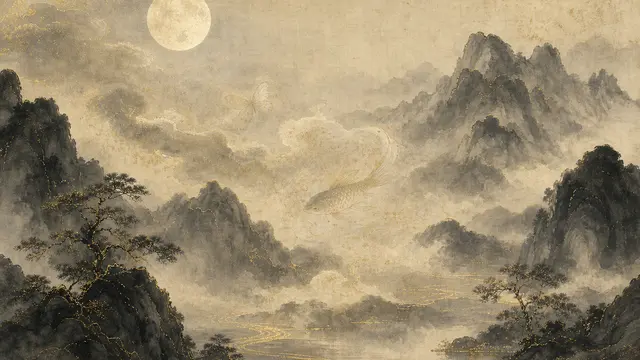 夜色山巒與淡月，雲氣中隱約浮現蝴蝶與游魚的形影