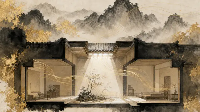 傳統庭院剖面，天井灑落日光，墨色屋瓦與金色氣流線條