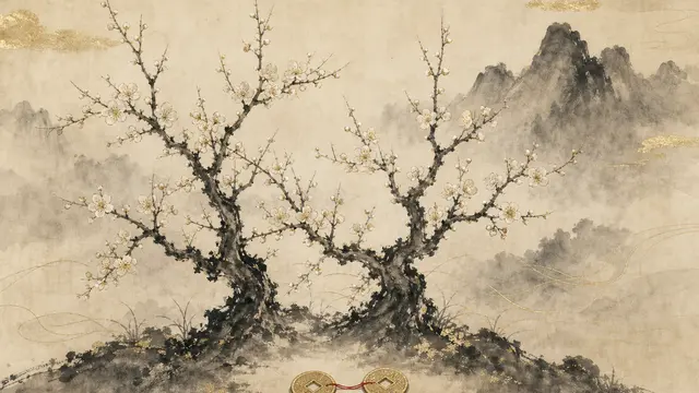 兩株並生的梅樹枝條交錯，樹下兩枚金錢以紅線相連