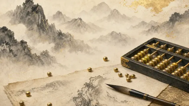 金色算盤珠散落宣紙上，旁有毛筆與淡墨筆觸