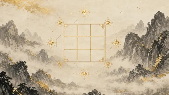 金線繪成的九宮羅盤，八方位環繞細緻符號，浮於墨色山嵐之上